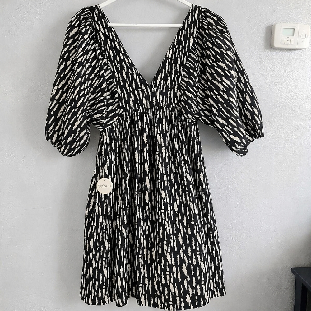 Böhme Milibon Black White Abstract Print Puff Sleeve Mini Dress Size S